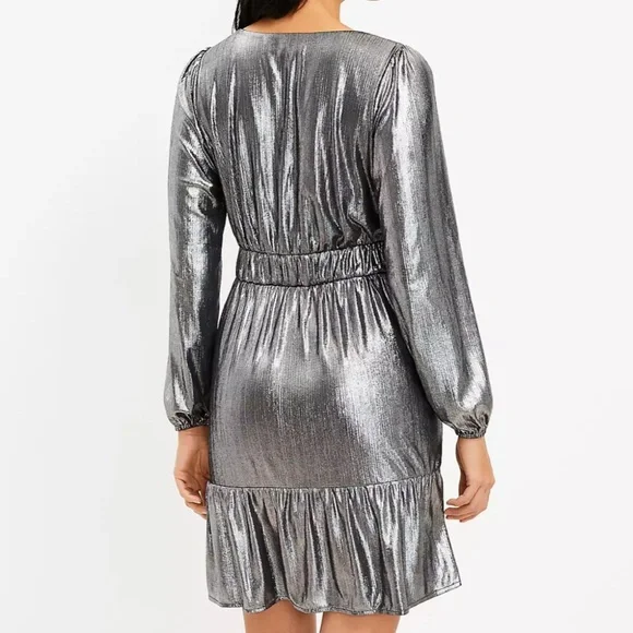 Loft‎ Shimmer Ruffle V-Neck Dress size 8 medium night out cocktail party silver - Picture 2 of 8